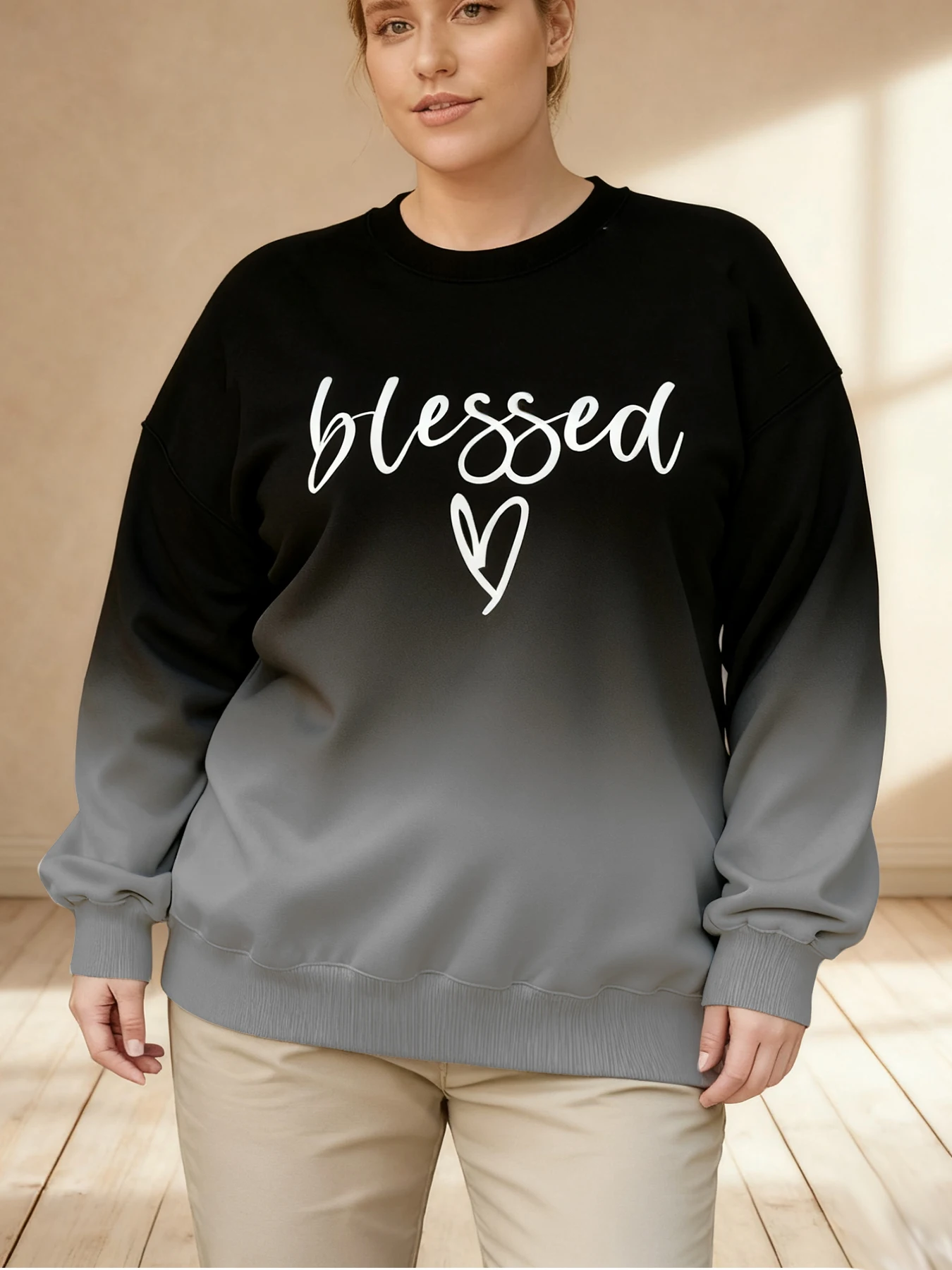 Ombre Tie Dye Blessed Script Heart Graphic Print Curvy Ladies Raglan Sleeve Crew Neck Pullover, Slight Stretch Casual Spring Sweatshirt, Fashion Long Sleeve Top For Daily Weekend Gathering