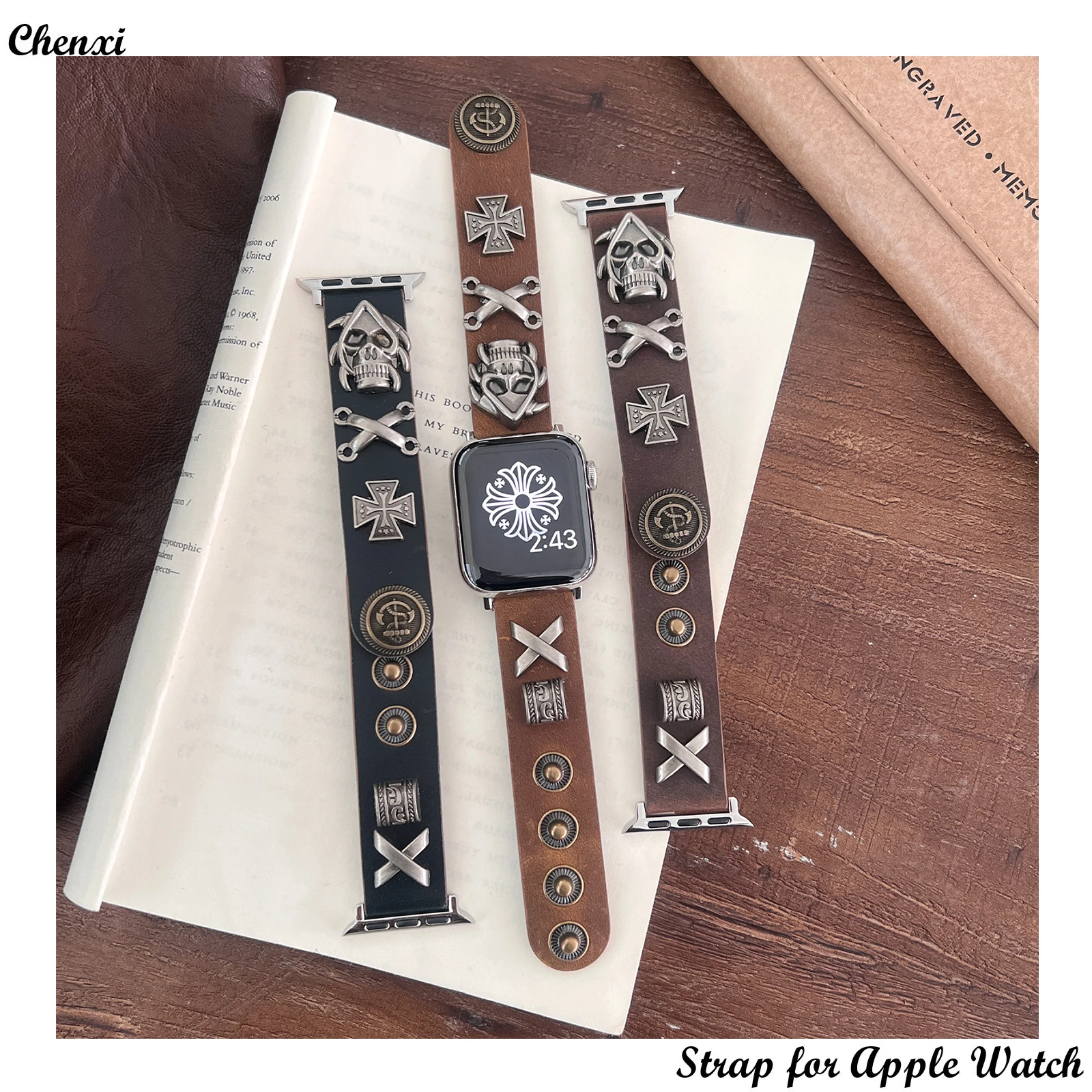 Metal strap for Apple watch band Retro leather bracelet chain for Iwatch9876543Ultra40 41 42 44 45 49mm men and women Rivet punk