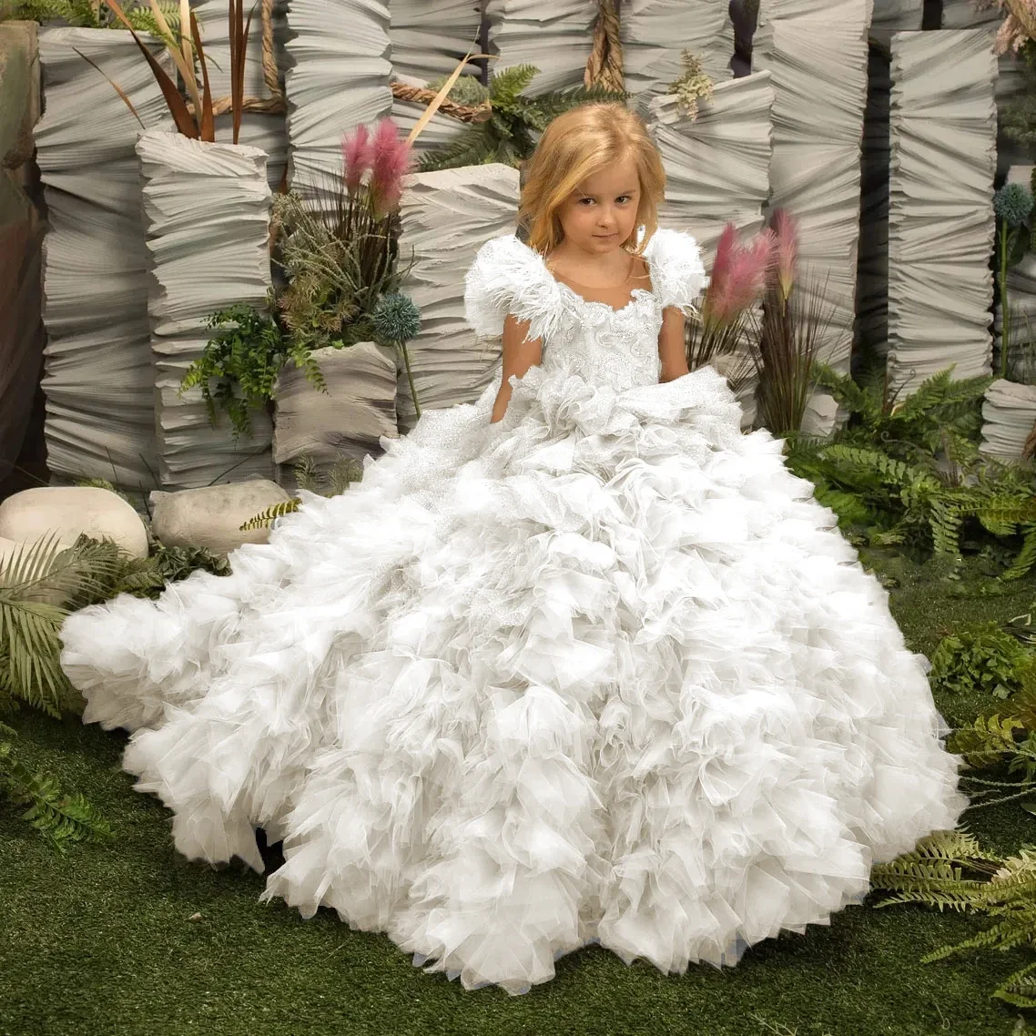 Puffy Flower Girl Dress for Wedding Tulle Appliques Tiered Floor Length Baby Kids Birthday Party First Communion Party Gown