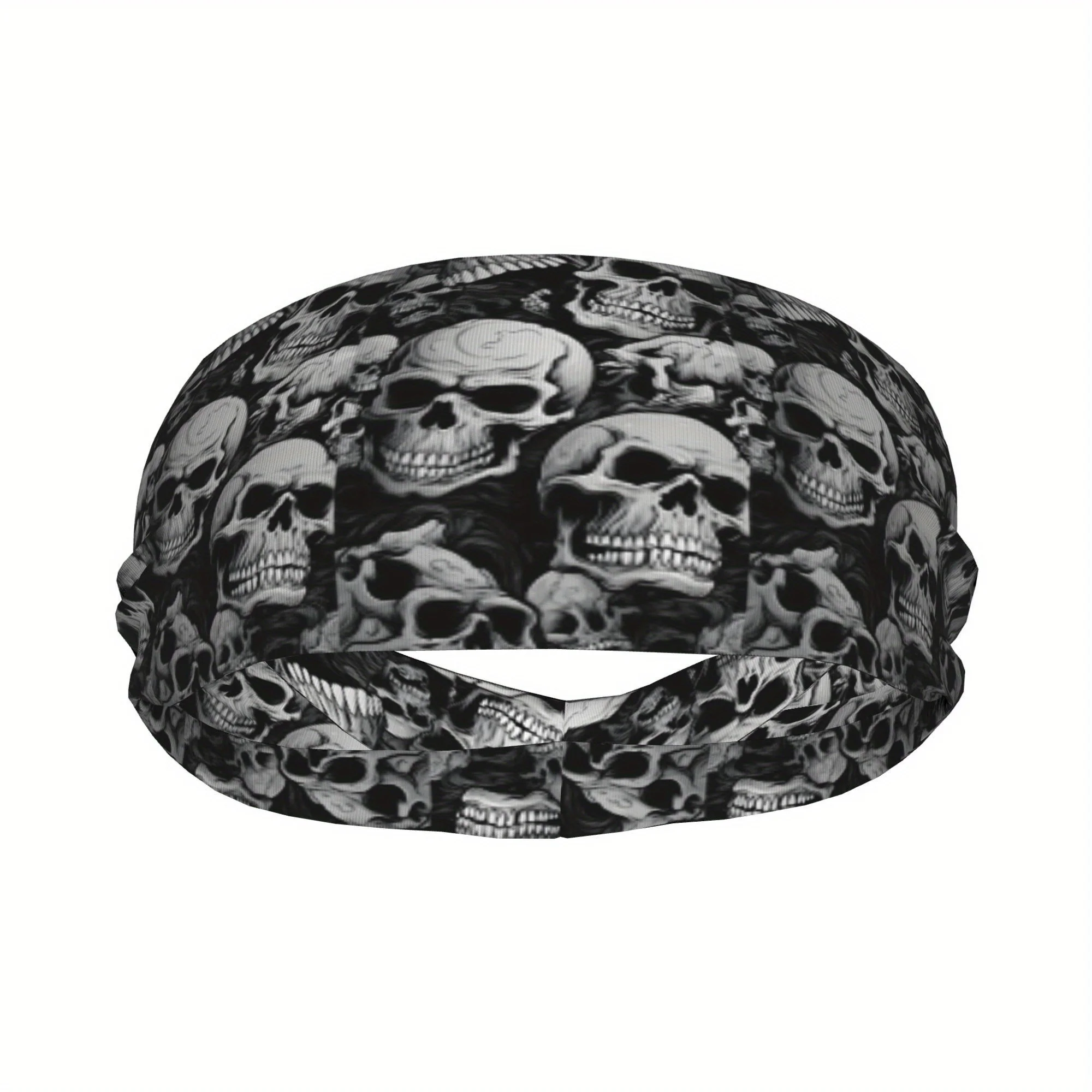 Gothic Skull Print Headband Sweat Absorbent Sports Hairband for Running Fitness Elastic Non-slip Punk Style Unisex Accessory