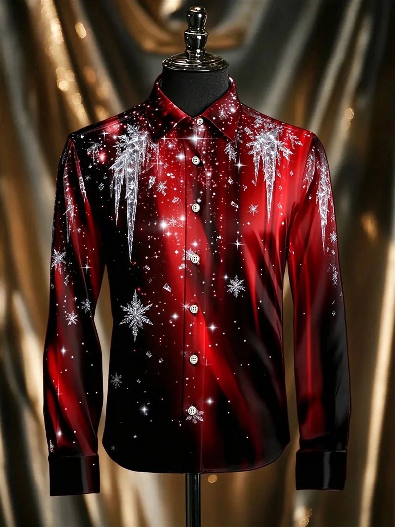 New men's red and black gradient long sleeved shirt with ice pillar sparkling star 3D printed pattern Christmas shirt