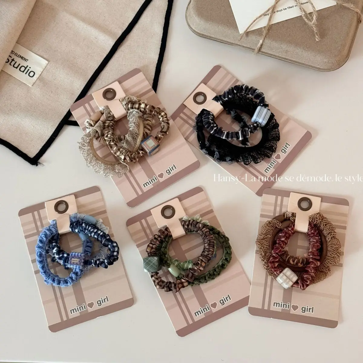 Sweet Lace Hairands Set Korean Simple Badsic Grid Pattern Ponytail Headband Women Girls Elastic Rubber Bands Hair Accessories