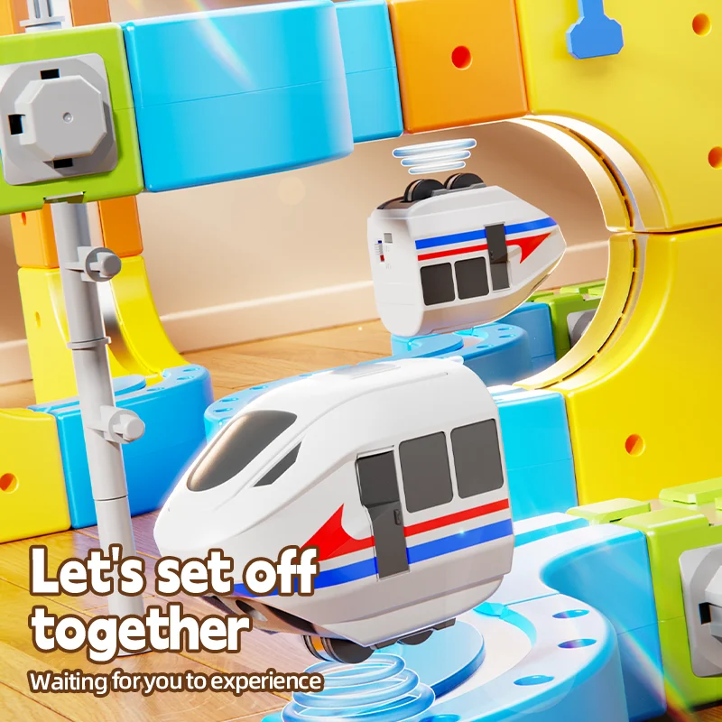 Crianças diy montagem magnética ferroviário carro brinquedos trem mágico elétrico pista crianças 3d bloco de construção cubo modelo brinquedo com sinais de trânsito