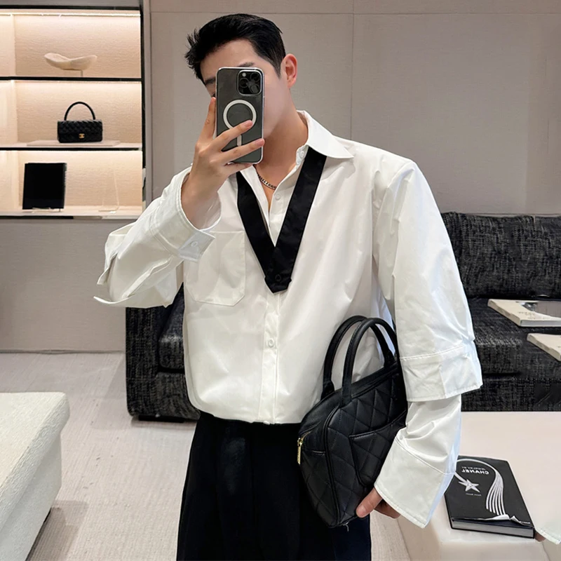 LUZHEN Double Layered Cuffsnecktie Splicing Design Trendy Long Sleeved Shirts Original Men\'s 2024 Korean New Elegant Tops LZ1938