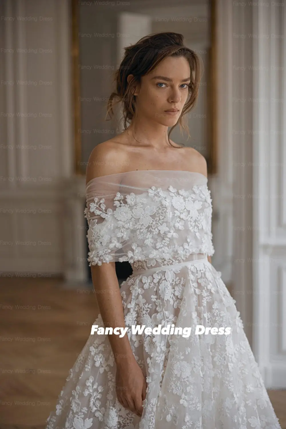 Fancy Fashion 3D Lace Wedding Dresses A Line Stunning Bohemian Bridal Gowns With Detachable Bolero Customized