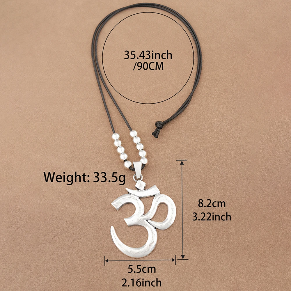 1pc Boho Vintage Large Abstract OM AUM Symbol Yoga Buddhist Pendant Necklaces,Adjustable Beads 35 Inch Wax Rope Chain Jewelry
