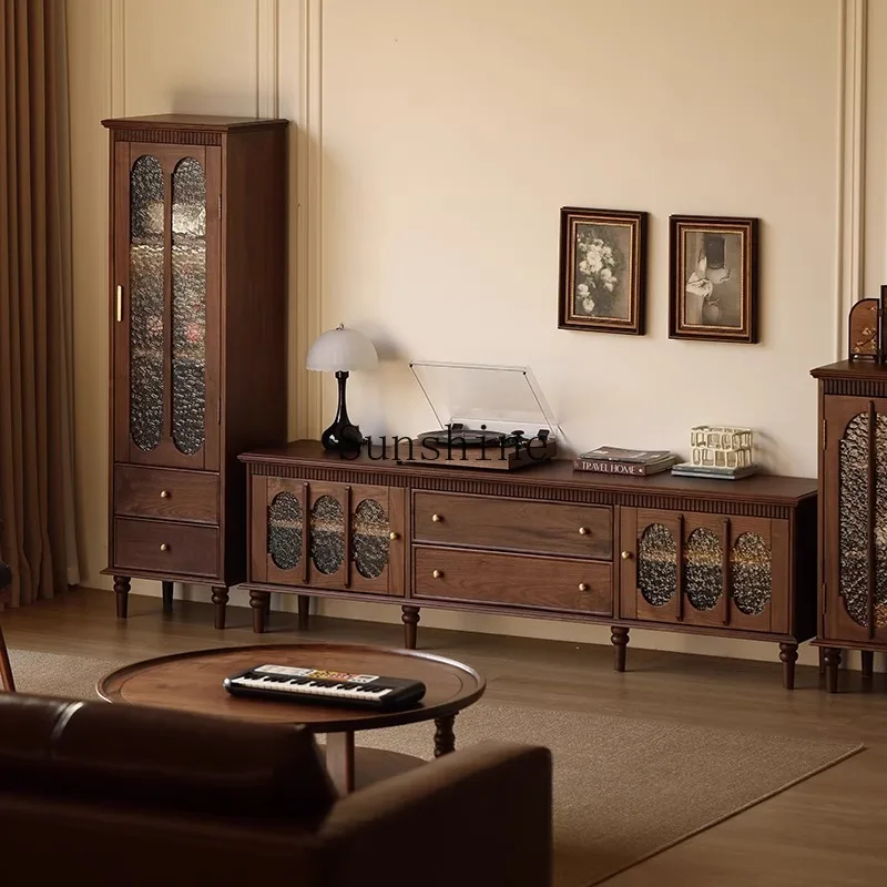 

French retro TV small apartment living room audio-visual all solid wood furniture hall cabinet