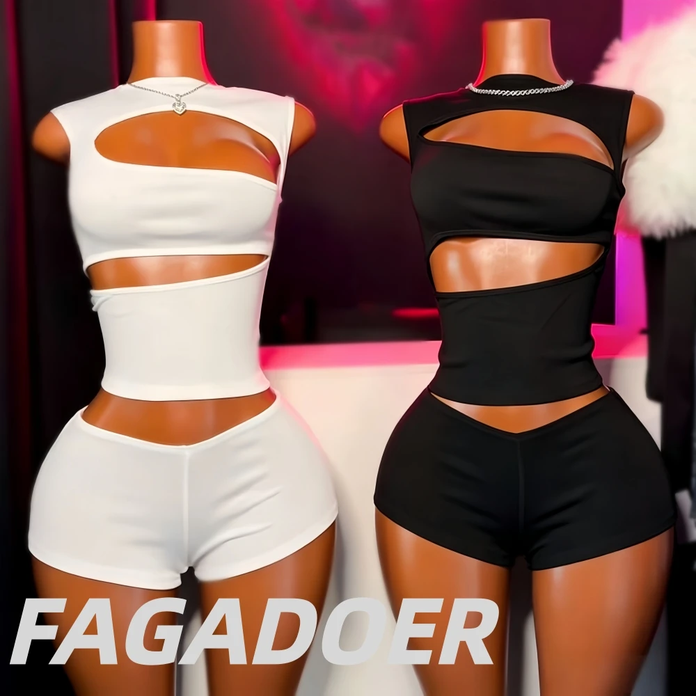 

FAGADOER Sexy Hollow-out Patchwork 2 Piece Sets Woman Outfit Solid Color Sleeveless Crop Top + Shorts Female Streetwear Clothing