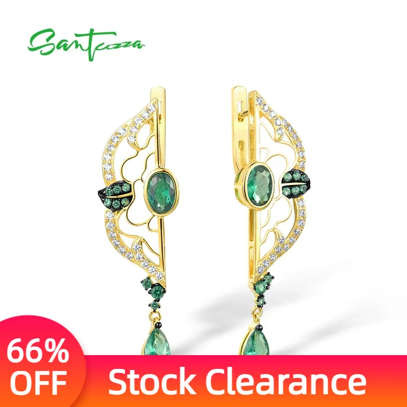 

SANTUZZA 925 Sterling Silver Earrings For Women White CZ Green Spinel Enamel Peony Asymmetric Gold Color Fine Jewelry Handmade