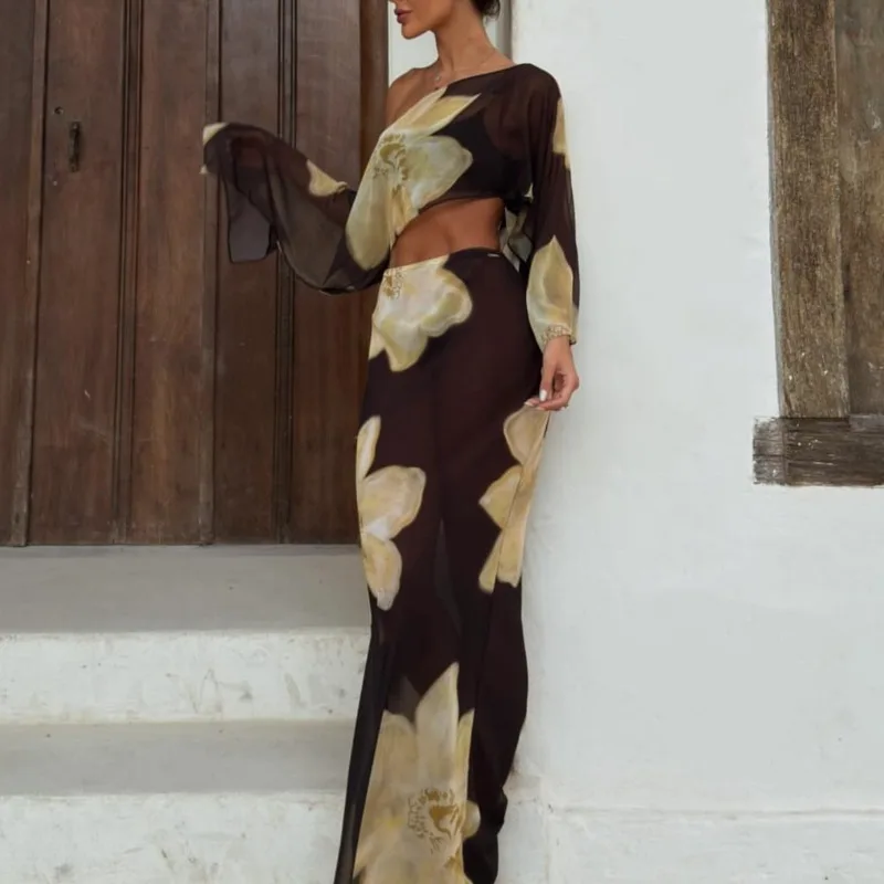 

2026 New European and American Clothing One-Line Neck Floral Print Skirt Sexy See-Through Fashion Two-Piece Set
