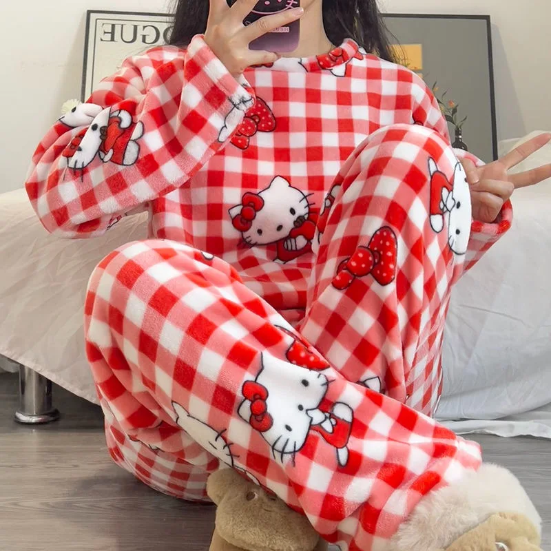 

Sanrio Hello Kitty Flannel Suit Red Plaid Winter Two-piece Warm and Thickened Velvet Girl Cute Printed Home Clothes Holiday Gift