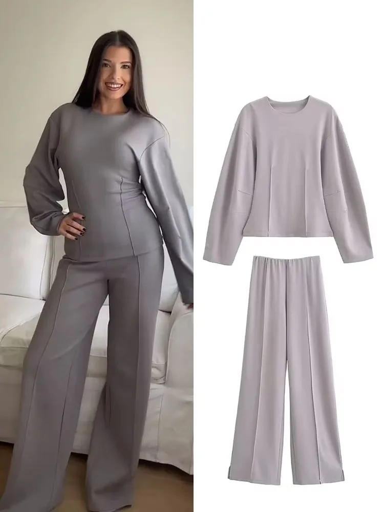 HH Women's 2-Piece Set Fashion Slimming Double-Sided Fabric Round Neck Long-Sleeve Top+Elegant Stretch Casual Wide Leg Pants