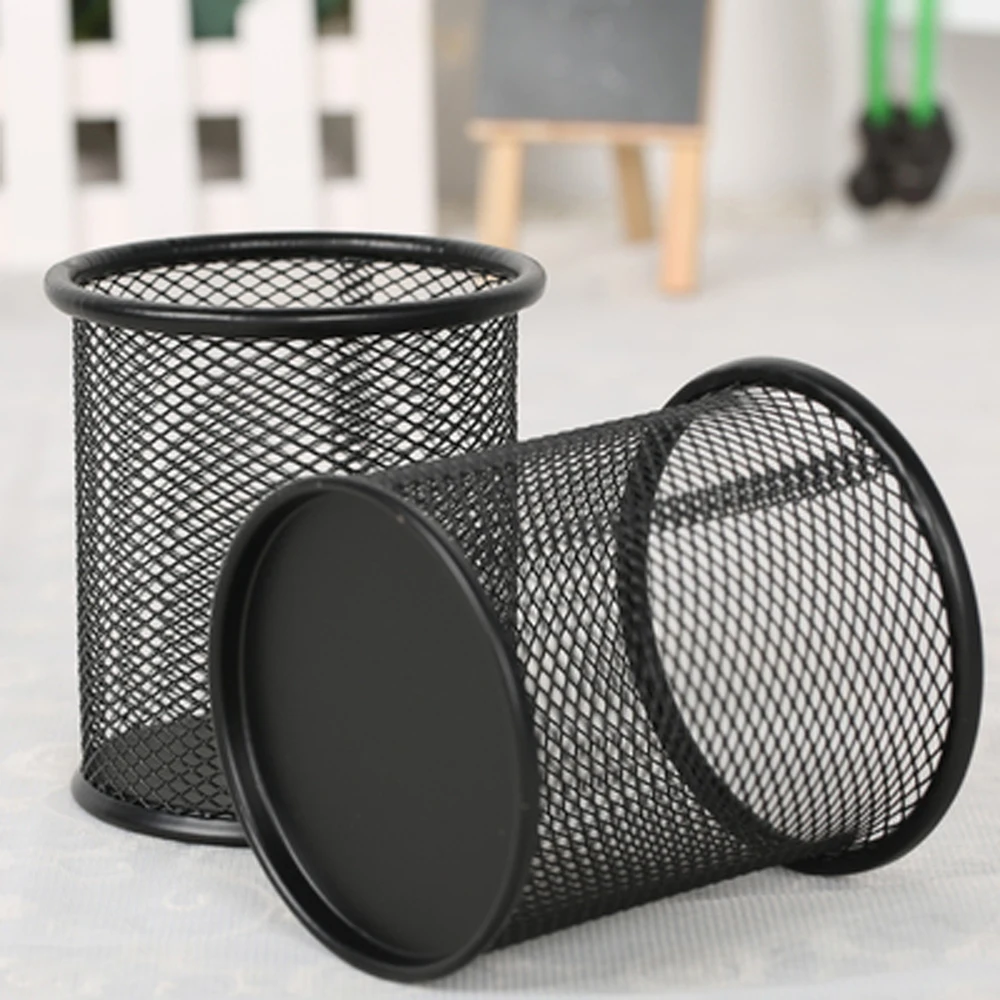 Container Durable Metal Black Container Round Pen Case Pen Holders Mesh Pencil Cup