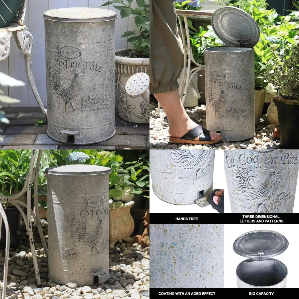 

Retro-Style 15 Liter Pedal-Activated Touchless Trash Can with Rooster Design for Kitchen Use