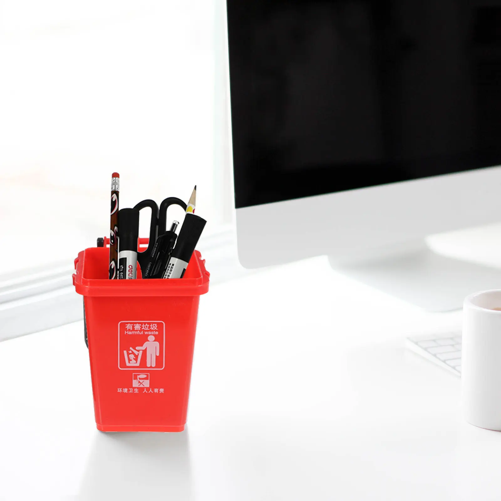 2Pcs Desktop Trash Can Storage Box Pencil Holder Red Blue Creative Multi-Functional Pen Cup Stationery Organizer