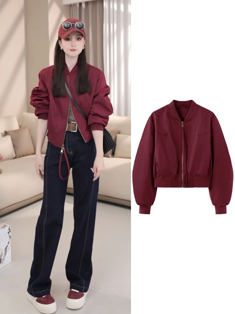 

Американская спортивная бейсбольная куртка для женщин, весна-осень, новая, маленький размер, ветровка, куртка-бомбер, красная, Ankou