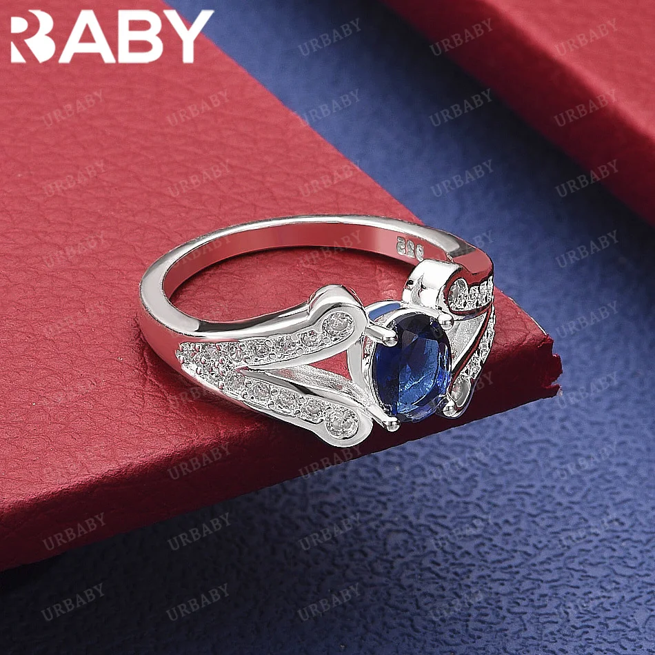 

URBABY 925 Sterling Silver Simple Blue Zircon Ring Fashion Jewelry Charm Grace Noble Wedding Accessories