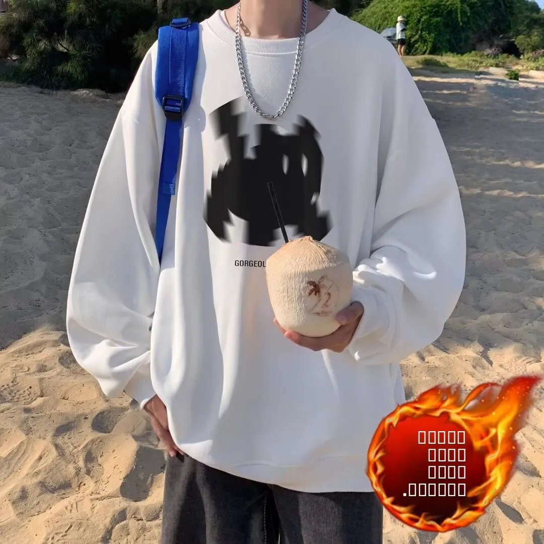 

Мужской свитшот оверсайз с круглым вырезом на флисовой подкладке, осенне-зимний, утепленный, с принтом, повседневный, комфортный, в уличном стиле