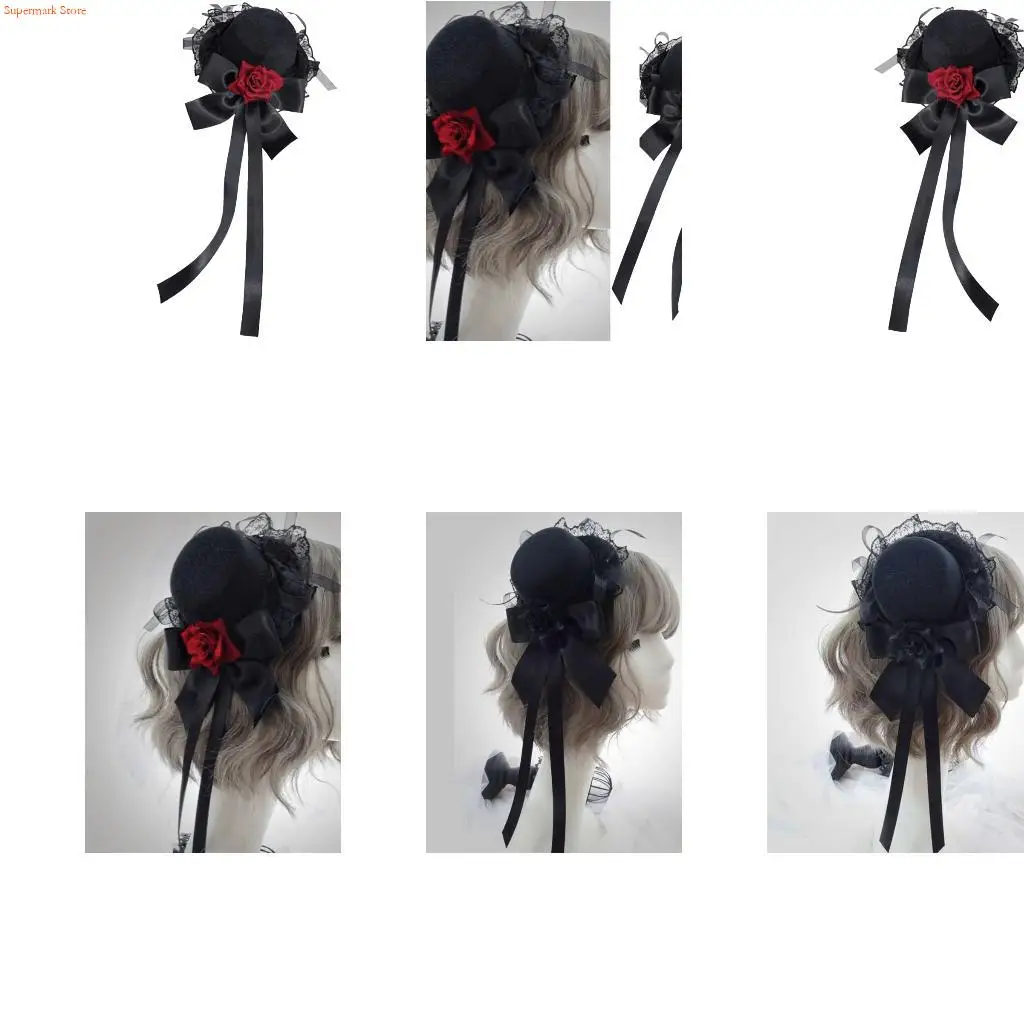 Q5WE Lace Trim Rose Flower Hat Barrette Anime Event Hair Decoration Side Hair Clip For Halloween Special Occasion Dressingup