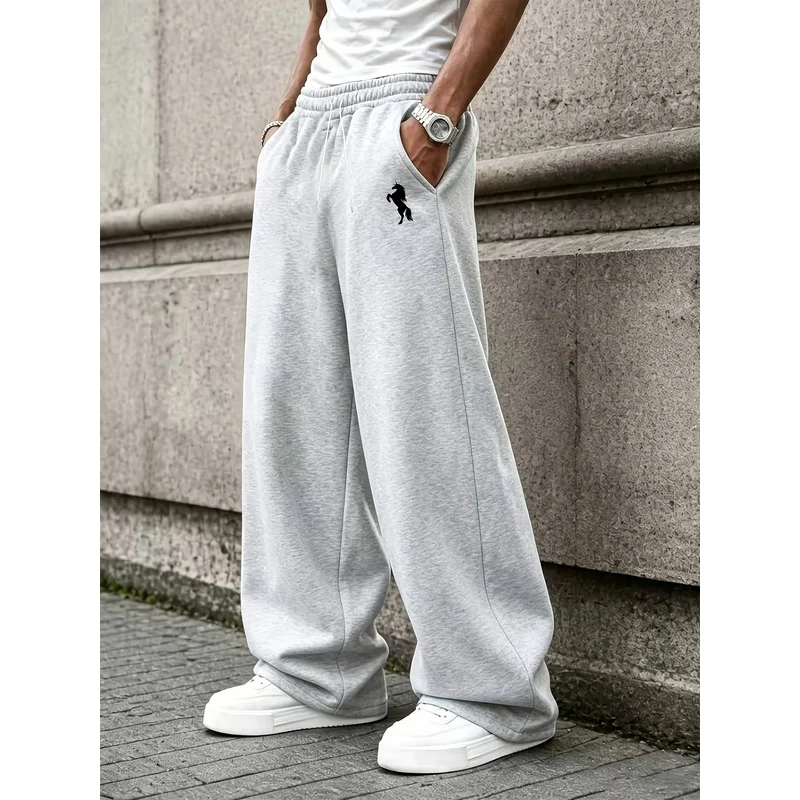 Drawstring elastic waist wide-leg sweatpants for men and women with vertical drape straight-leg floor-length casual sports pants