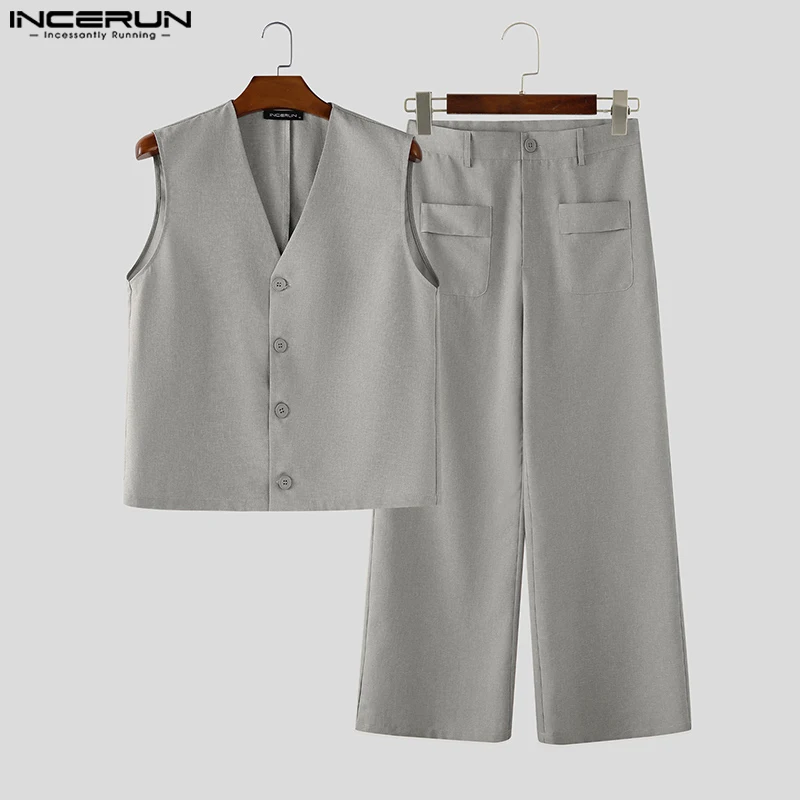 

INCERUN Мужские комплекты Однотонные жилеты без рукавов с v-образным вырезом и широкие брюки из 2 предметов Уличная одежда Свободные элегантные модные повседневные мужские костюмы