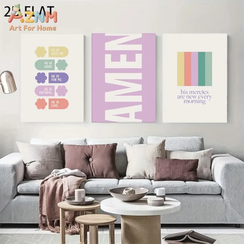 Unframed 3PCS Pastel Christian Quote Canvas Wall Art Amen His Mercies Are New Every Morning Floral Color Block Print Poster Home
