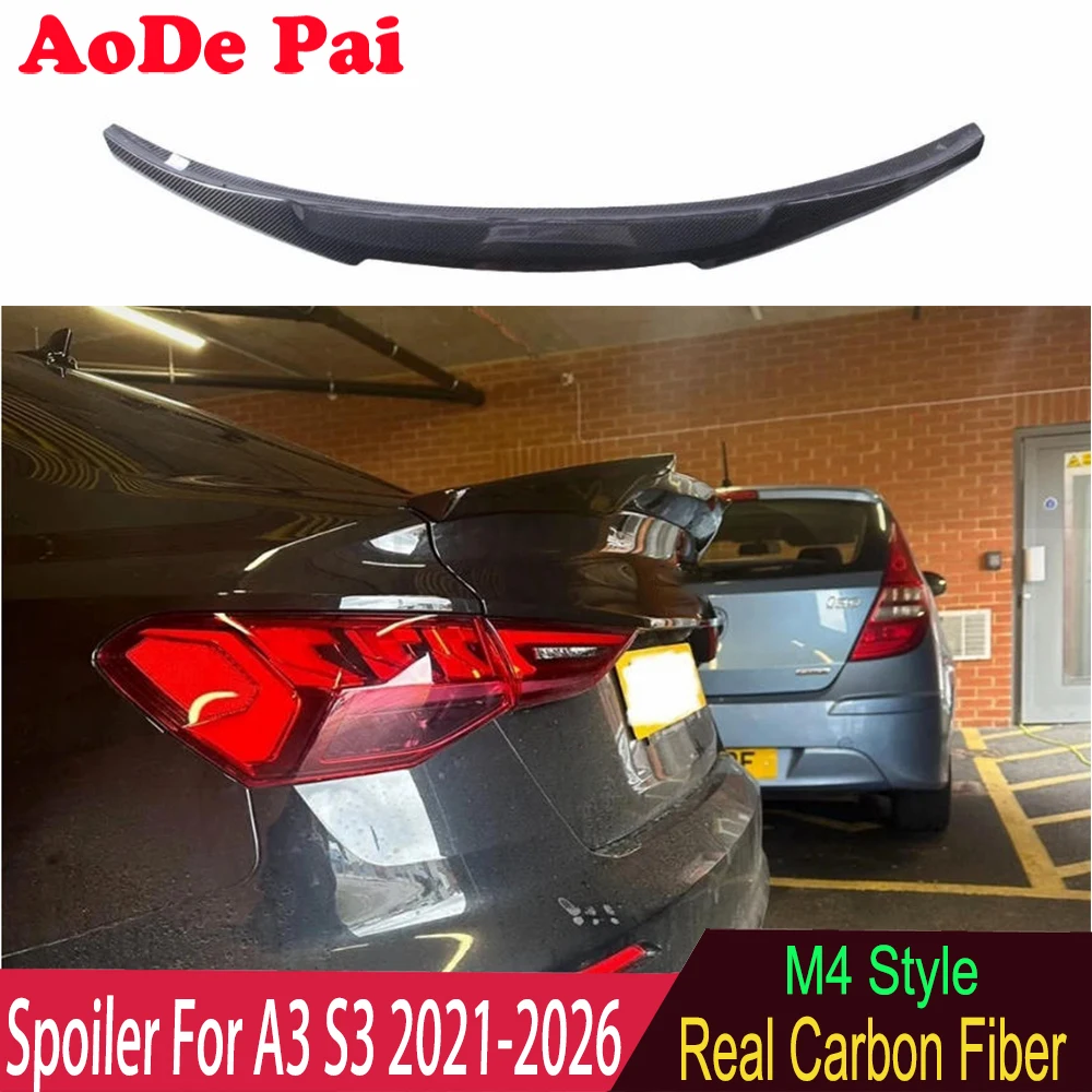 M4 Style Carbon Fiber Rear Boot Trunk Wing Spoiler For Audi A3 S3 RS3 2021-2026