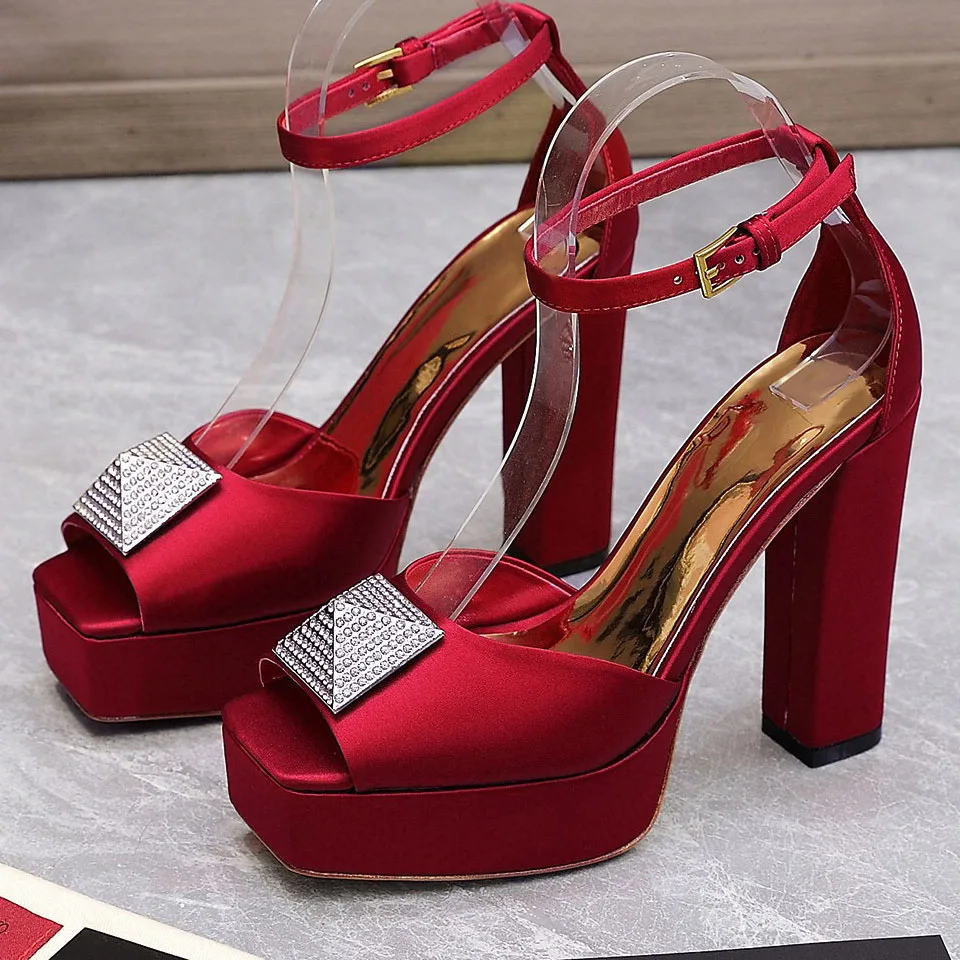 Deep Purple Satin Crystal Rivet Open Chunky Sandals Platform Women Bright Yellow Square Toe Heels Shiny Metal Buckle Red Shoes