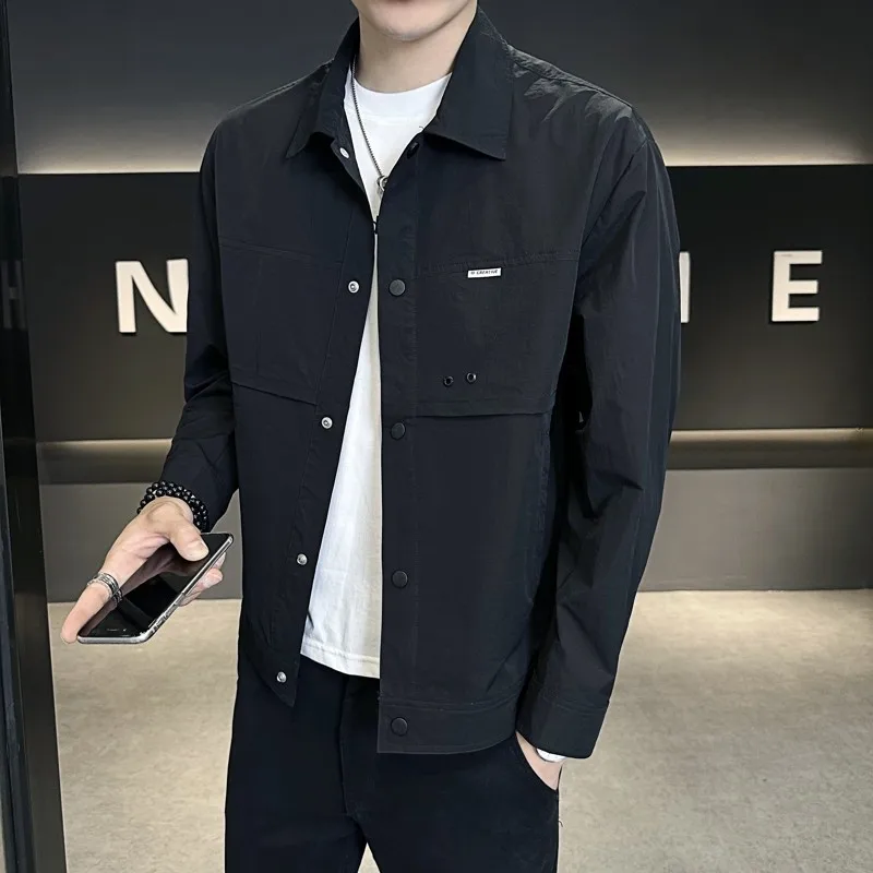 

Повседневная мужская куртка с воротником, молодежная, осенняя коллекция 2025, модная, универсальная, простой дизайн, полиэстер, длинный рукав, короткий рукав