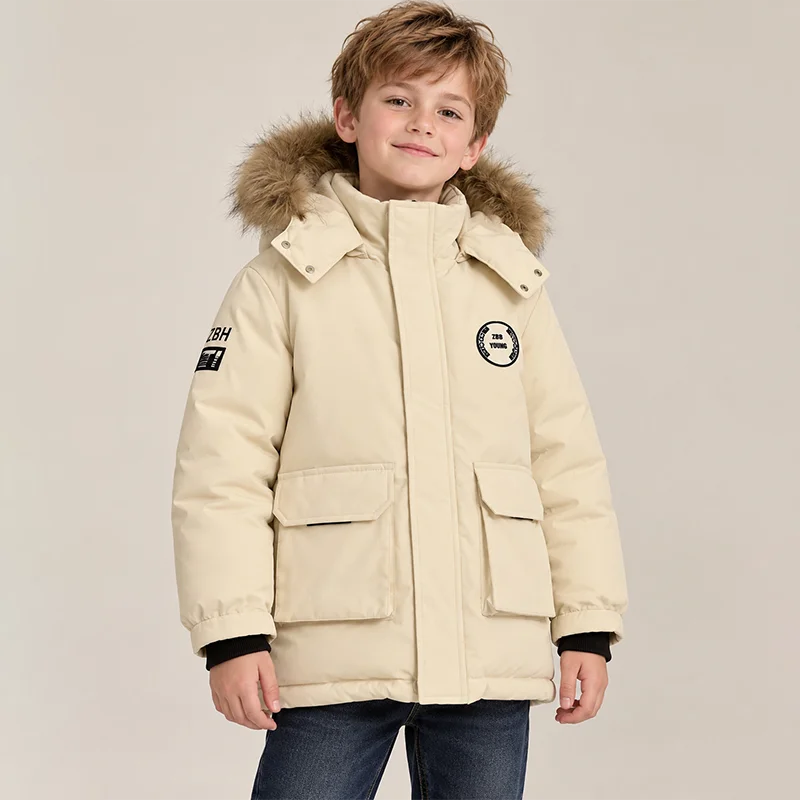 Boys Girls Winter Parka Jacket Fur Collar Hooded Cotton Coat 5-14 Years Kids Cargo Big Pockets Windproof Warm Outerwear