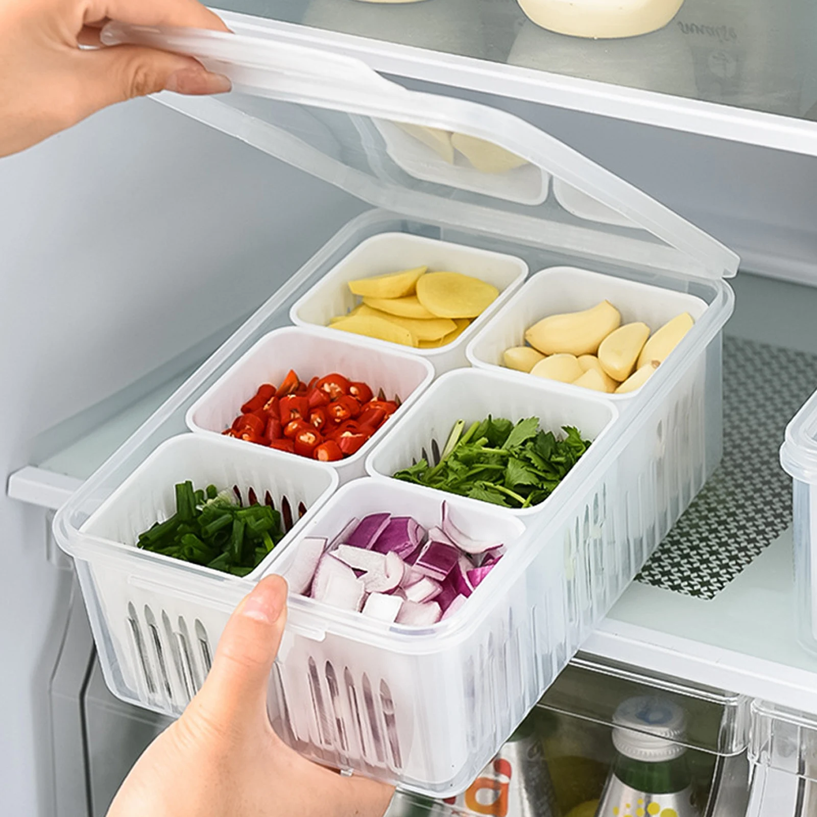 Fresh Produce Storage Container 6 Compartment Vegetable Fruit Keeper Airtight Drain Garlic Onion Box Refrigerator Food