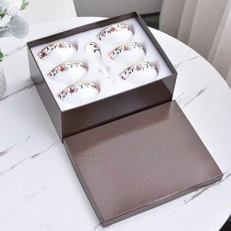 

Japanese Pavo Real Garden Bowl Bone Porcelain Six Bowls Six Spoons Combination Set of High End Household Gift Box Dinner Bowls