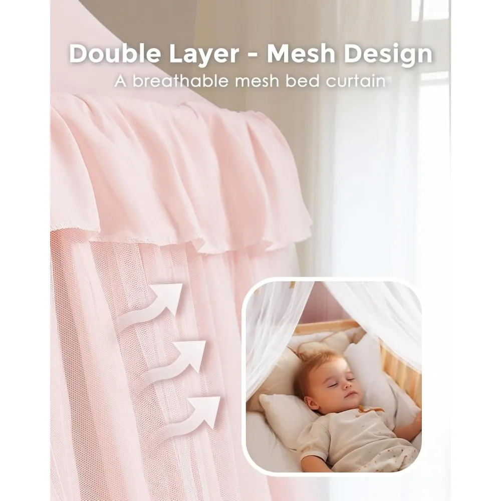 Double Layer Princess Bed Canopy with Star Lights, Breathable Pink Tent for Girls Room, Machine Washable 40x106