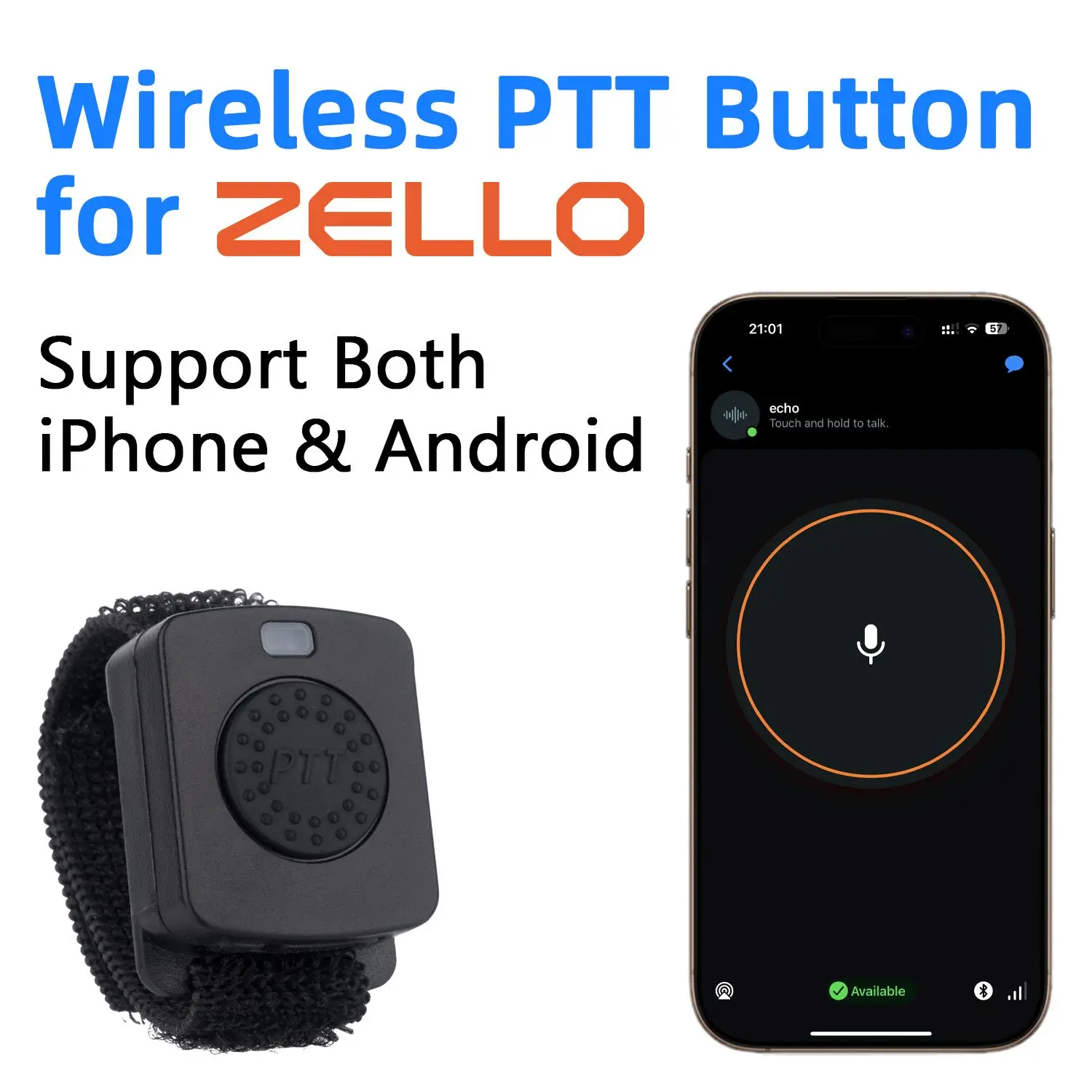 Rechargeable Wireless Bluetooth PTT Button Walkie Talkie Control Button with Adjustable Strap (Velcro Style)