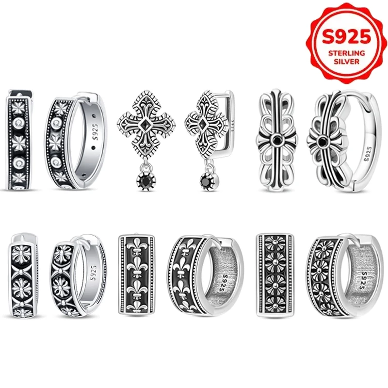 S925 Silver Vintage Cross Fleur-de-lis Huggie Hoop Earrings Black Zircon Engraved Ear Buckle Retro Gothic Jewelry for Women Men