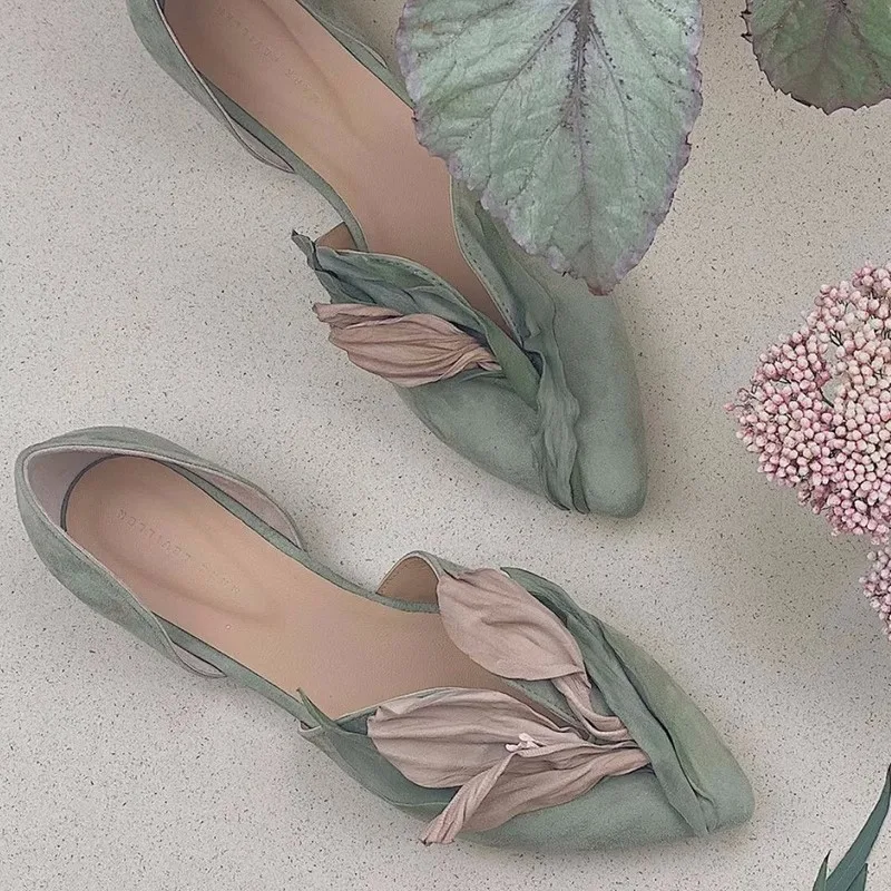 Gradient Purple Green Suede Leather Vintage Flower Petal Flats Shoes Pointed Toe Side Cutout Mules Women Spring Single Shoes