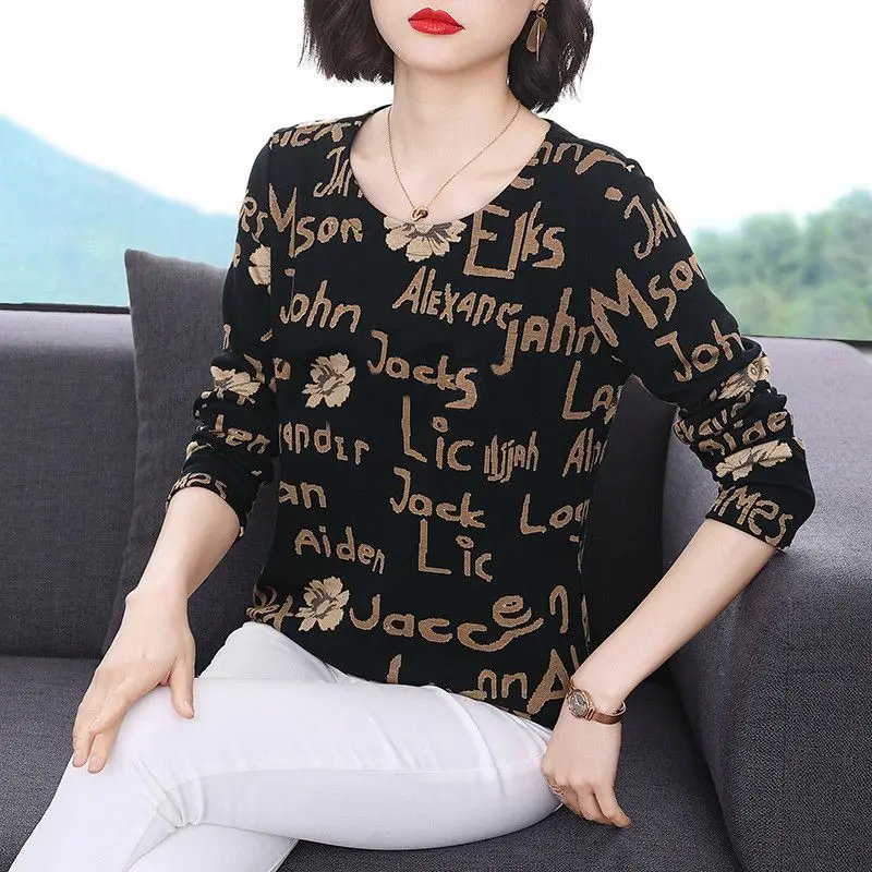 Vintage Leopard Letter Printed Round Neck Long Sleeve Ladies Tops Spring Autumn Women\'s Casual Loose Basic Tees T-shirt Clothing