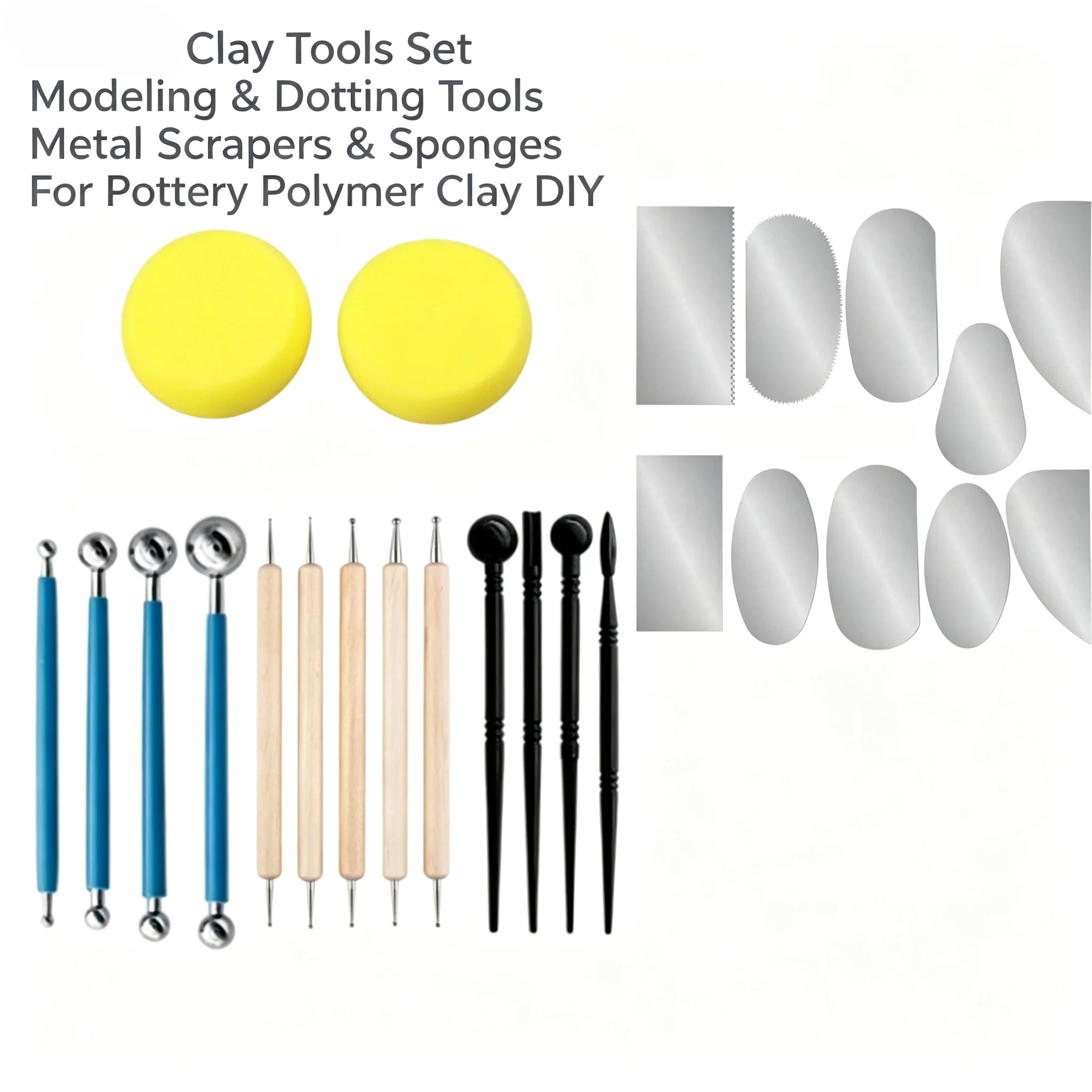 Clay Sculpting Tools Set, Ball Stylus, Wooden Modelling Tools, Metal Scrapers & Sponges for Polymer Clay Pottery DIY Hand‑Art