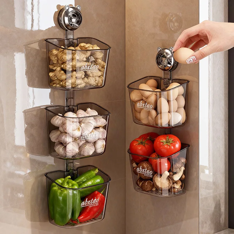 Suction Cup Wall Mounted Storage Basket, No Drill Garlic Onion Ginger Holder for Kitchen, Space Saving