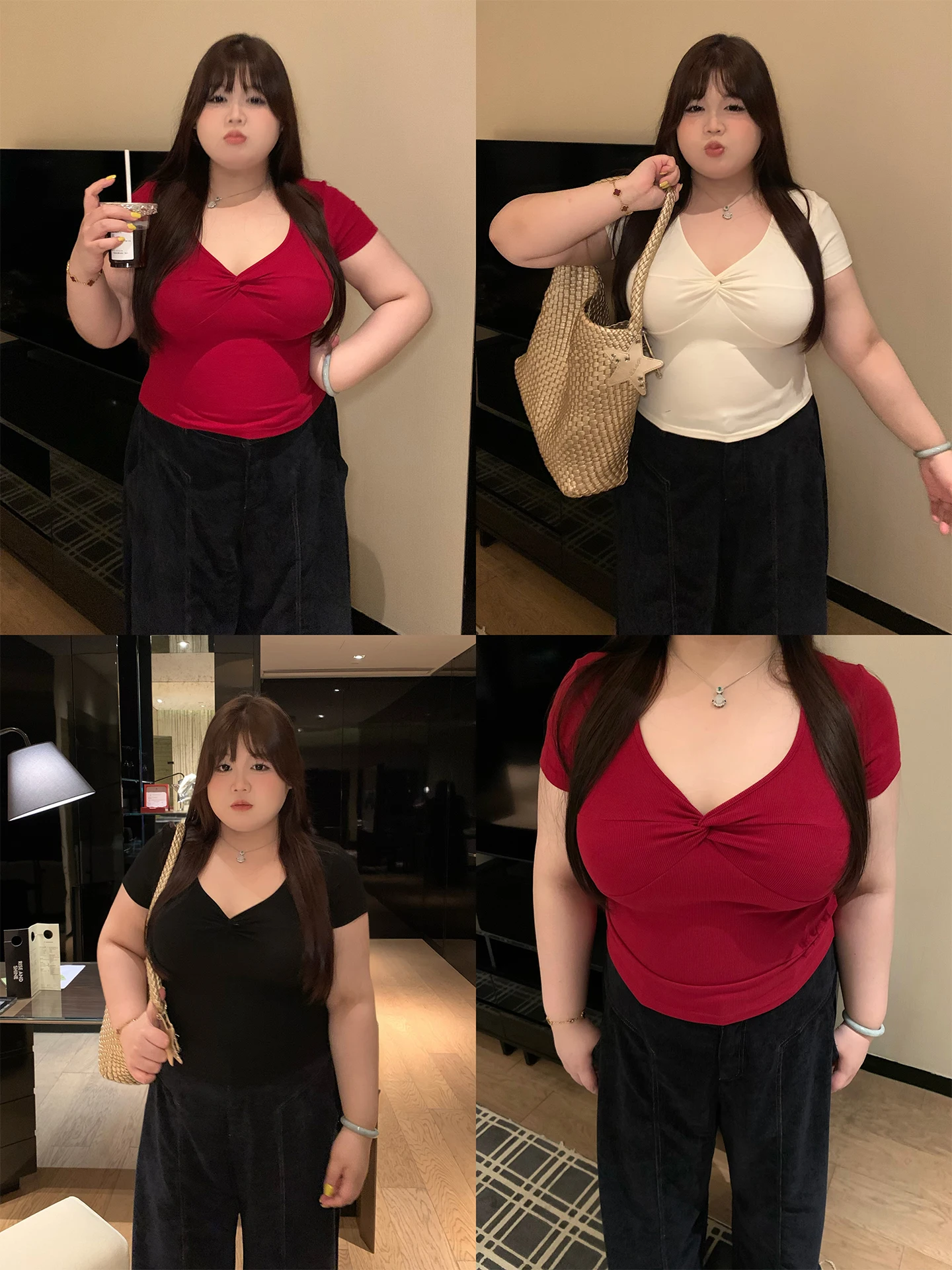 

Sexy Large Size V-Ne T-irt with Knot ort Sve Slimming Top Big Chest Waist Fine Inner Wear Cotton Rayon Spandex Blend