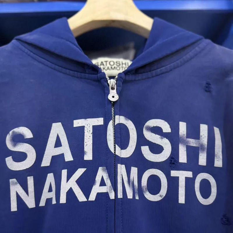 American Retro Washed Blue Splashed Ink Print Ripped Hole Hoodie Men Casual High-quality Satoshi Nakamoto Pullover Hoodie