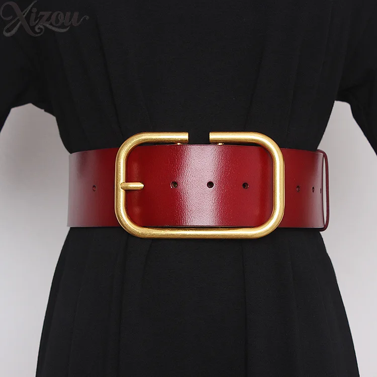 Women Vintage Brass Pin Buckle Wide Genuine Leather Belt Casual All-match Waist Belts for Coat Dress Apparel Accessories 2026