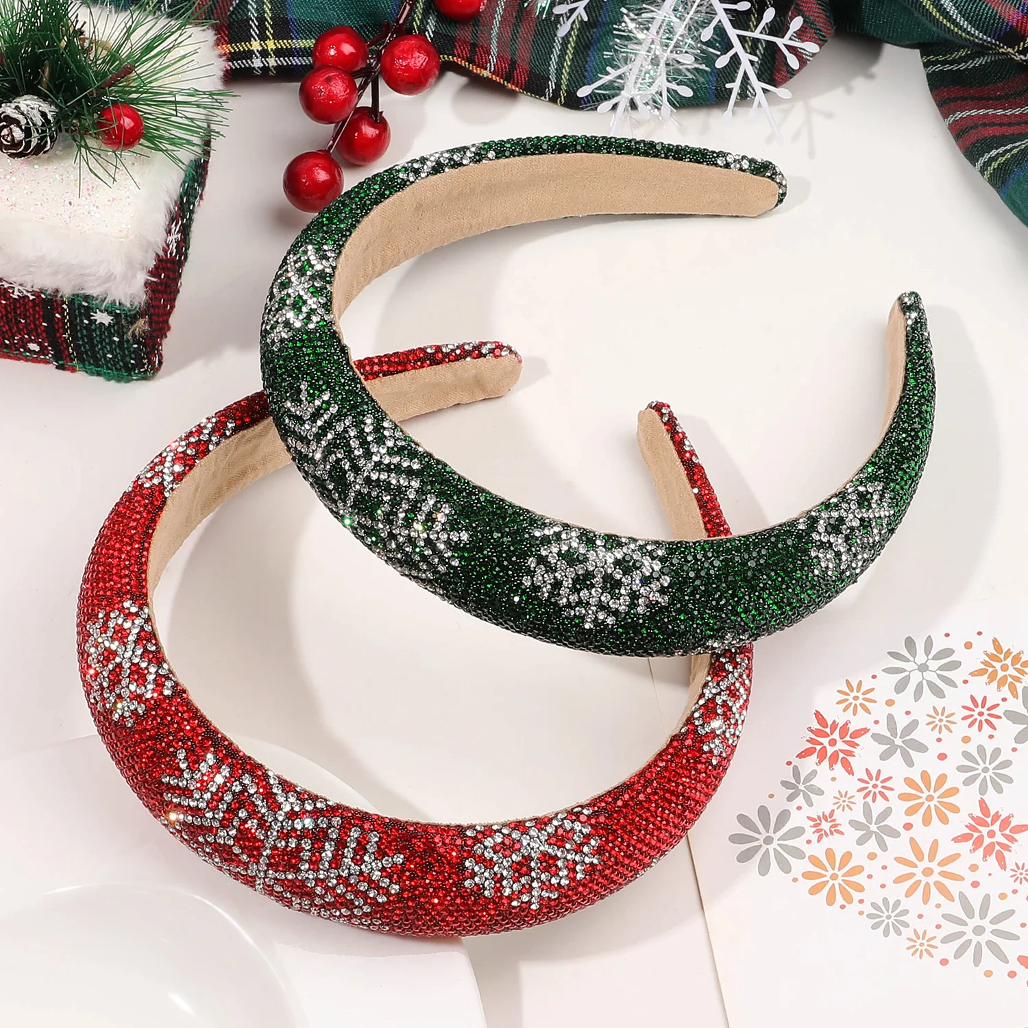 1 Pcs Christmas Snowflake Soft Headband with Rhinestone for Women Girls,Glitter Green Holiday Party Hair Accessory