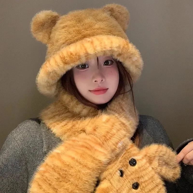 Fashion Cartoon Scarf Hat Set Women Cute Bear Ears Tiger Pattern Plush Bucket Hat Girls Winter Thermal Soft Muffler Cap Female