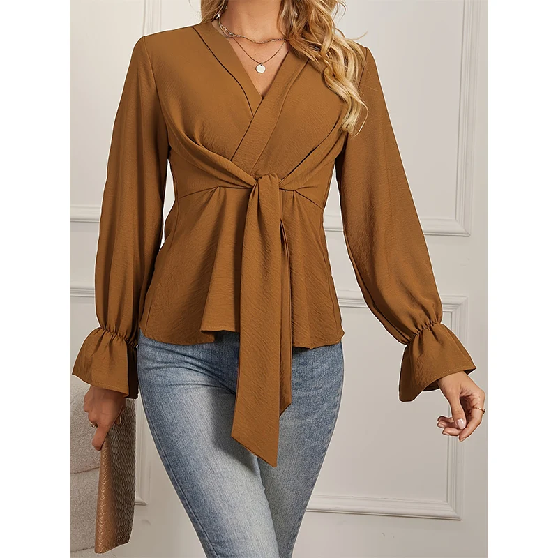

Элегантная пуловерная рубашка на шнуровке с v-образным вырезом для женщин, весенне-осенняя винтажная блузка с завязкой на талии, темпераментные рубашки с длинными рукавами