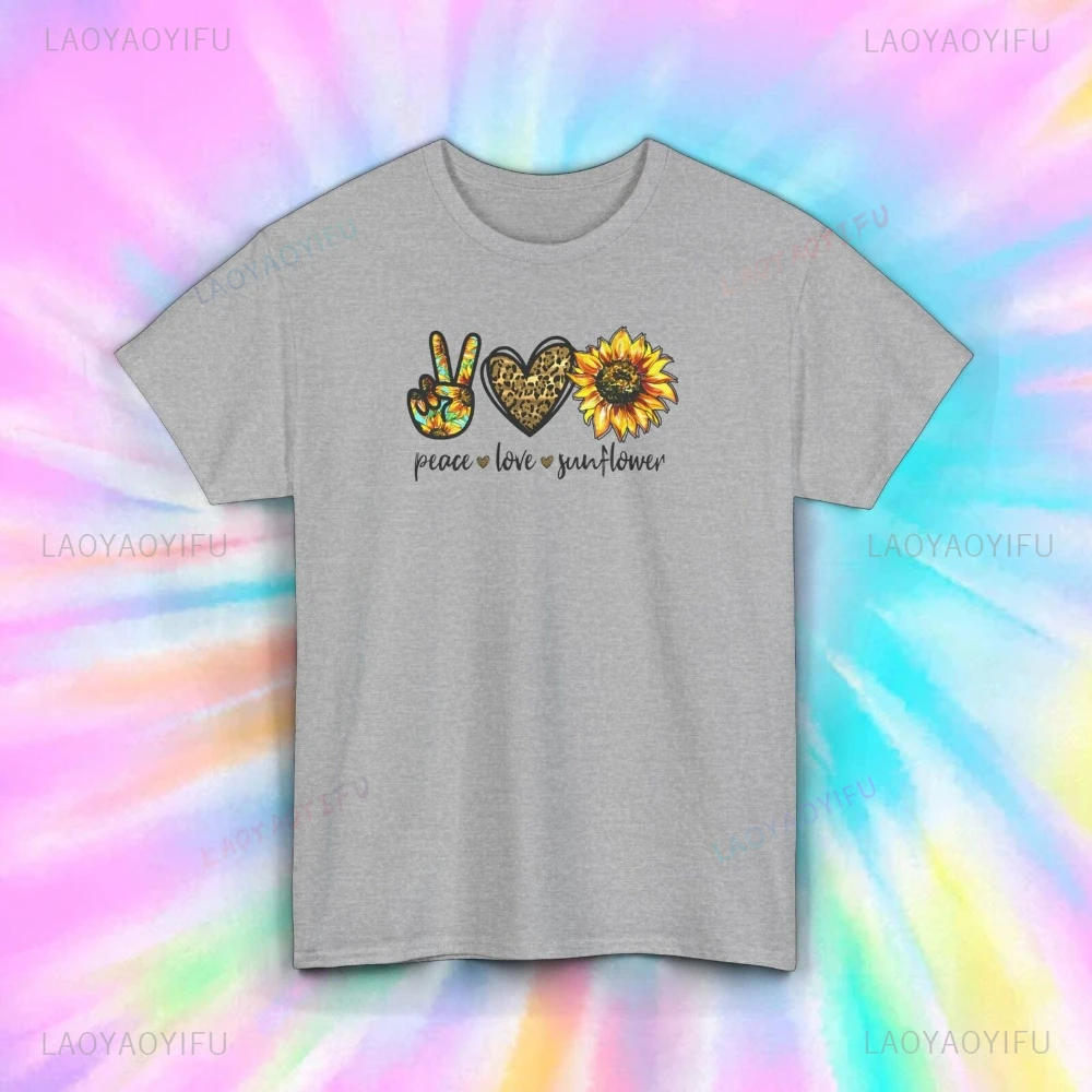 Vrede Liefde Zonnebloem Gedrukte T-shirt Tops De Leuke Zonnebloem Hartvormige Cartoon Vertegenwoordigt Vrede Tops T-shirt Vrouw Mannen Tee