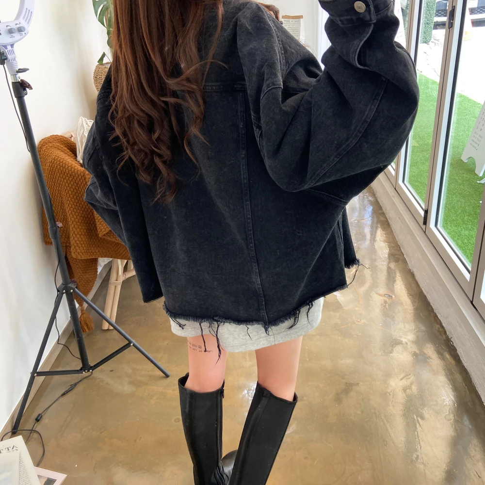 시크 여성 데님 재킷 출퇴근용 루즈핏 겨울 신상품 심플 패션 아우터웨어 프레이드 헴