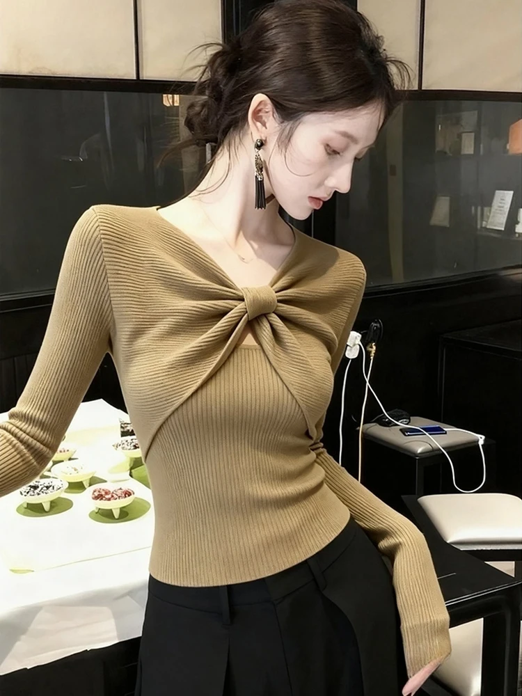 시크 롱 니트 스웨터 트위스트 매듭 여성 슬림핏 이너웨어 탑 패셔너블 가을 겨울 날씬해 보이는