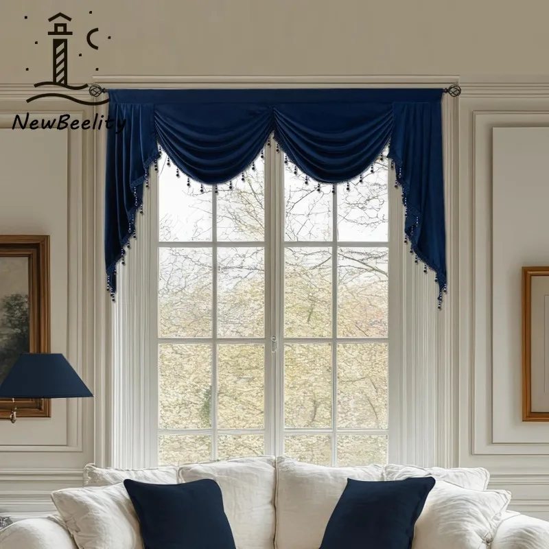 

Роскошный бархатный ламбрекен темно-синего цвета с карманом для карниза, мягкий на ощупь, с бахромой из бусин, ламбрекен-водопад для спальни