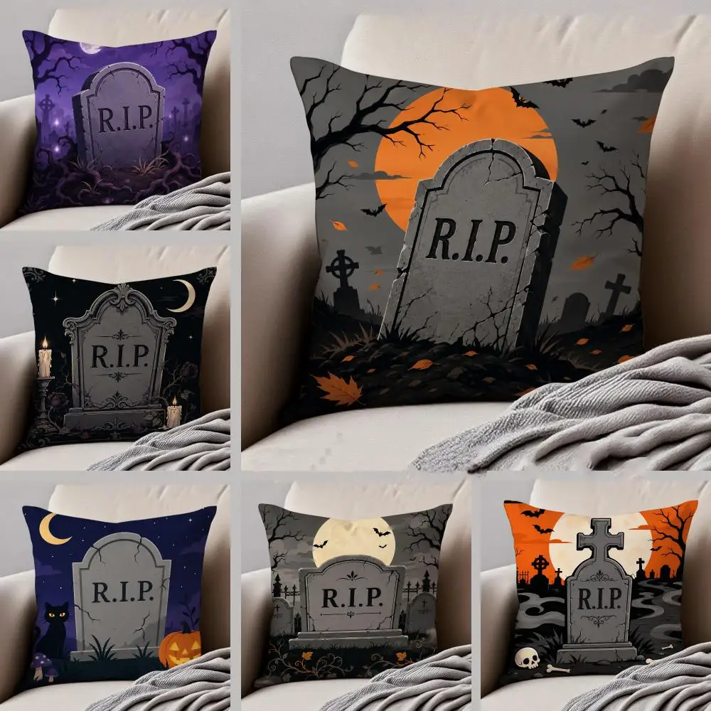 H-Halloween Tombstone Cushion Cover Throw Pillow Cover Hidden Button Durable Polyester Chair Cushion